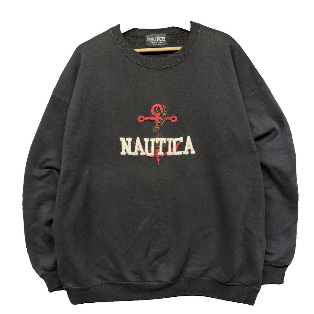 Vintage 90s Nautica Sweatshirt Mens XL Black Embroidered Anchor Boxy USA MADE